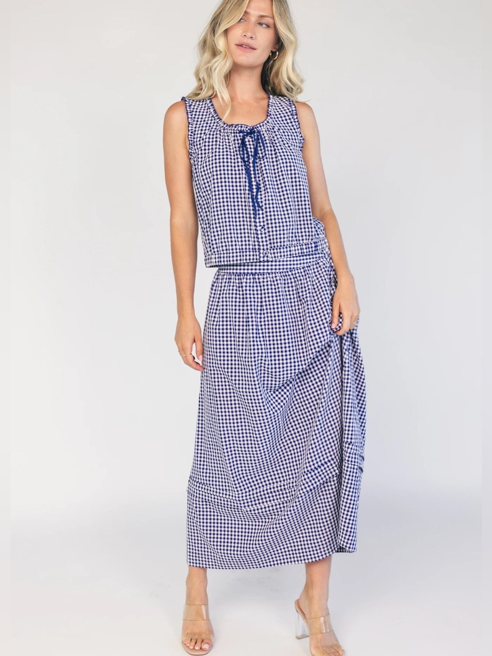 Navy + White Gingham Front Button Sleeveless Top & Matching Skirt Size Small NWT